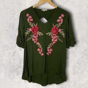 Pleione Bohemian Floral Embroidery Blouse Small Green Short‎ Sleeve V-Neck Top S